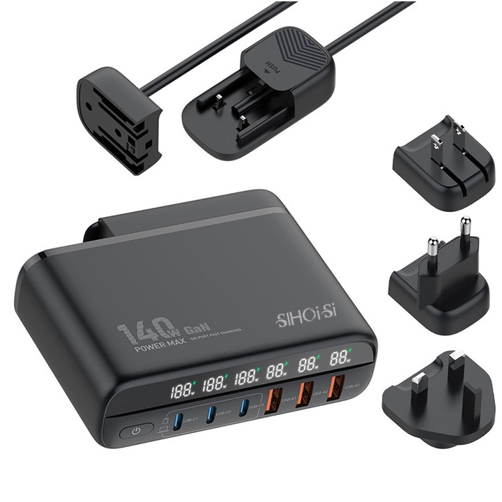 Statie de incarcare cu porturi multiple, SIHOiSi, 140W, 3xUSB/3xUSB-C, Negru