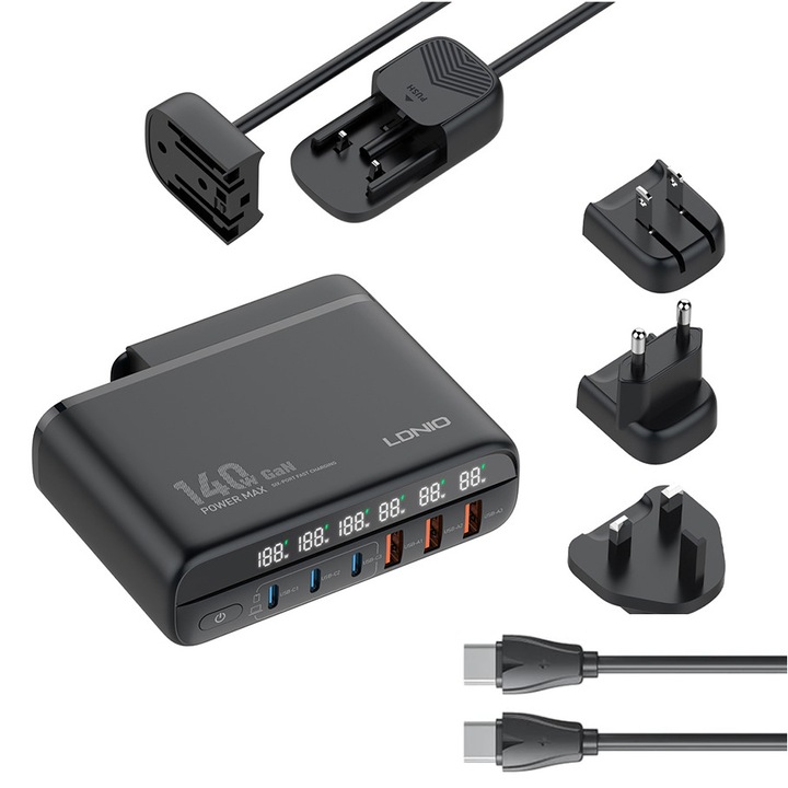 Telefon töltőállomás, Ldnio, 140W, 3xUSB/3xUSB-C, fekete