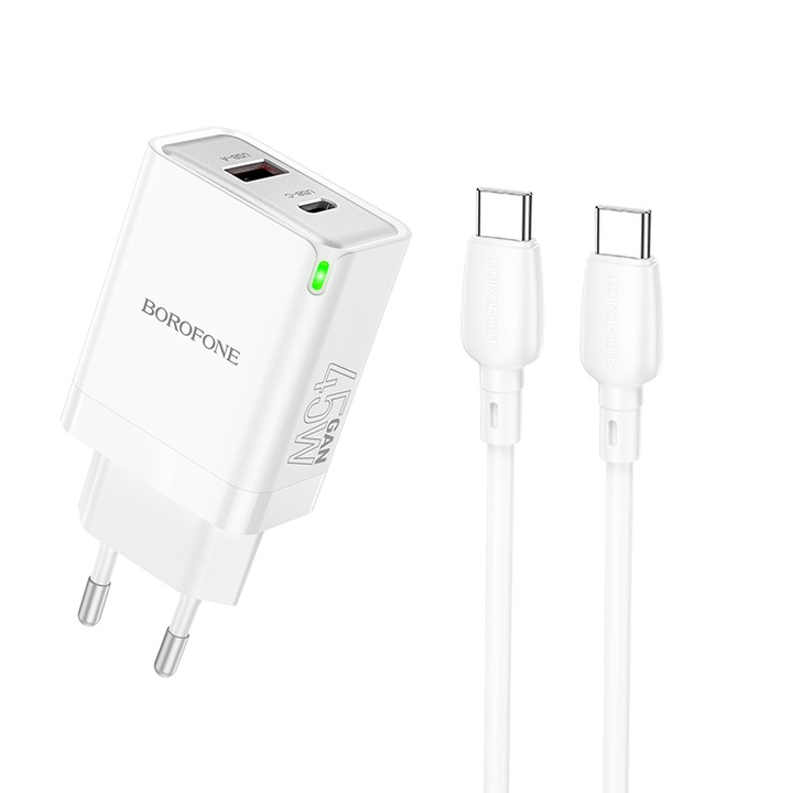 Borofone BN16 зарядно USB + USB-C QC3.0 PD 45W + USB-C кабел, бяло