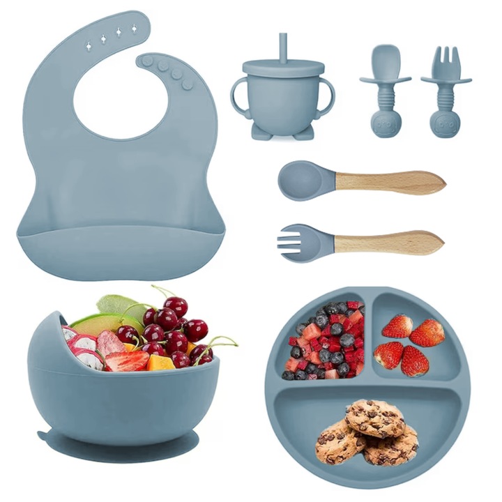 Set piese hranire bebe,10 piese, ZUNSEA, baveta, farfurie compartimentata, bol cu ventuza, tacamuri din silicon, cana pentru gustari, ideal pentru diversificare, fara alergeni, albastru