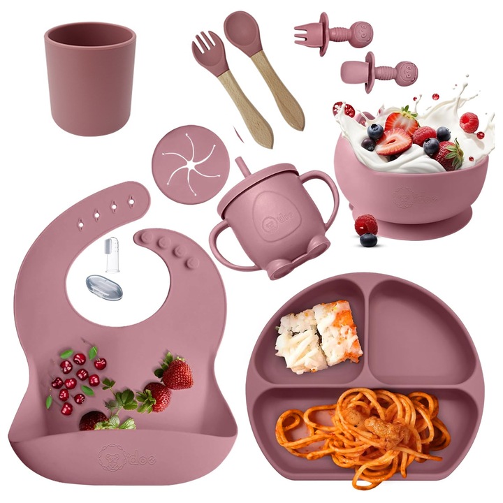 Set hranire bebelusi 10 piese din silicon, baveta, farfurie compartimentata, bol cu ventuza, lingurita si furculita, cana gustari, diversificare, fara alergeni, roz