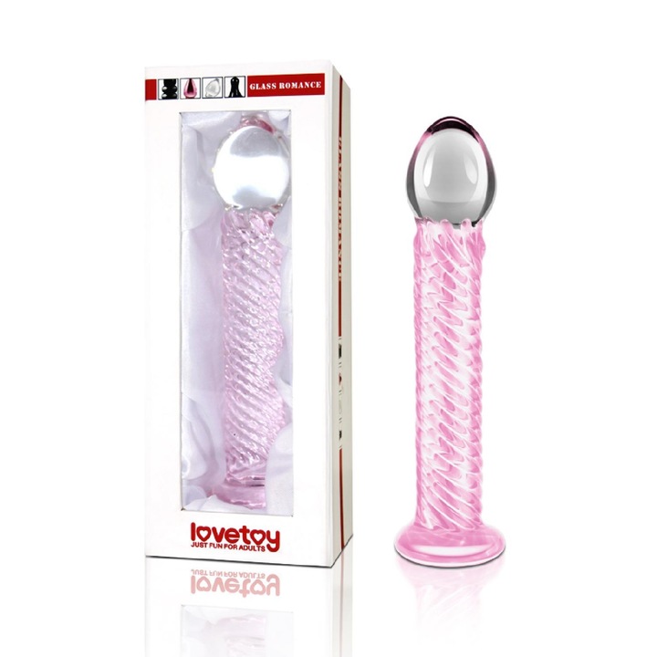 Дилдо Lovetoy, Извито, Прозрачно стъкло с розова спирала, 21x4см