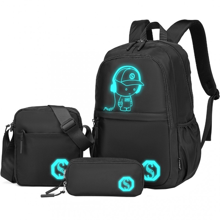 Set de rucsac pentru laptop, cu geanta de umar si penar, cu detalii reflectorizante, KONO EB2363BK Negru