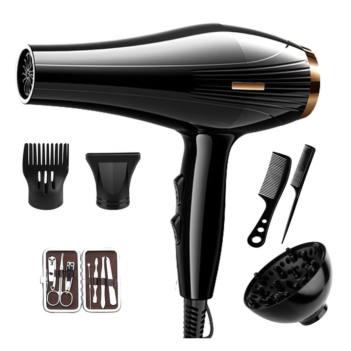 Комплект сешоар/аксесоари/комплект за маникюр, SIHOiSi, 6 температурни степени, 800W, Черен