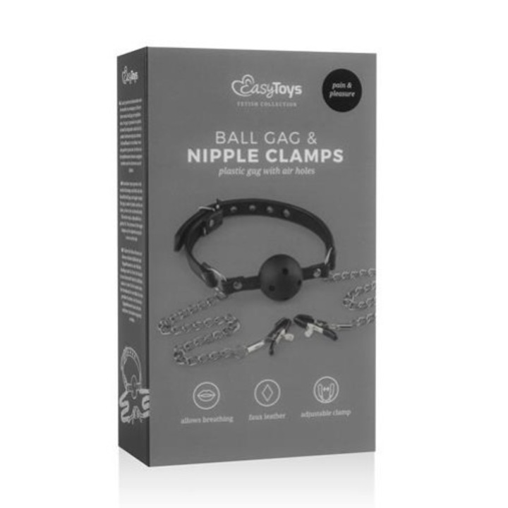 BDSM комплект Easytoys, Клепа с дихателни отвори, Регулируеми щипки, Черен, 4.3 см