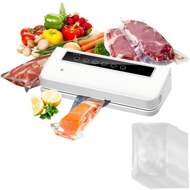 Aparat de vidat si sigilat Luxena, Alb, Vidare umeda si uscata, Latime de lucru 30cm, 10 pungi incluse, 120W, Control tactil, Functie automata de vidare, panou de comanda tactil