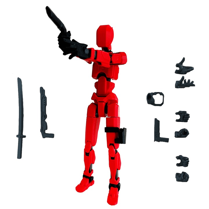 Robot, figurina articulata tip Titan 13, cu accesorii, Rosu, Negru, plastic, 130x45x20 mm, printat 3D