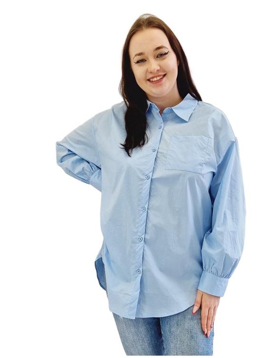 Női ing, pamut, hosszú ujjú, aszimmetrikus szegély, Kék, M