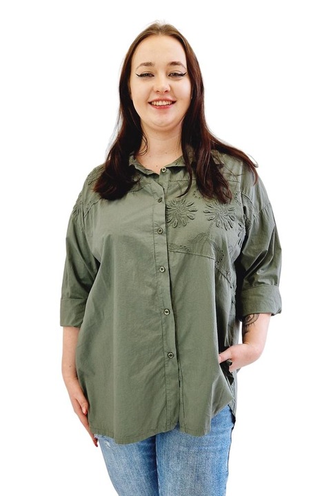 Női ing, Oversize virágos hímzéssel, olíva zöld, One Size, pamut