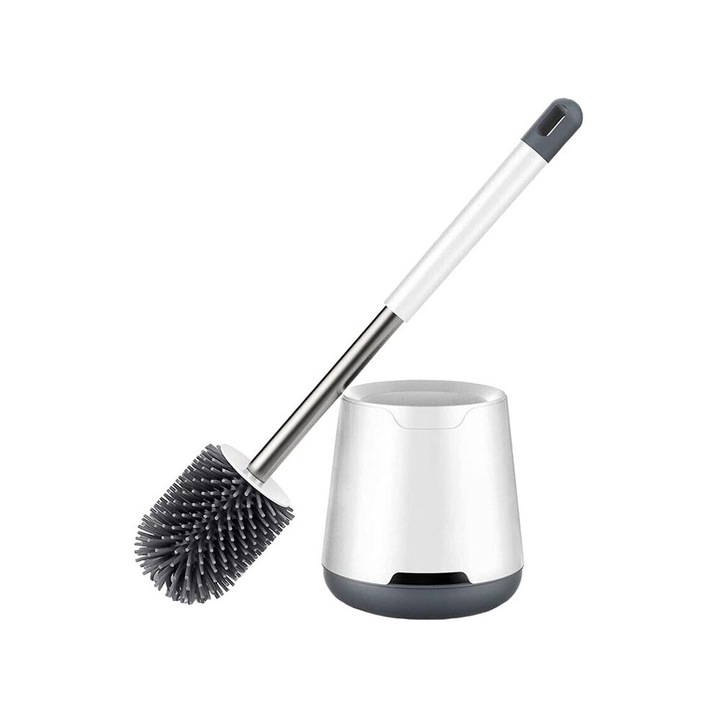 Четка за тоалетна Zola®, силиконова с контейнер за отцеждане на вода, стоманена дръжка, 43x11,5 см, бяло/сиво