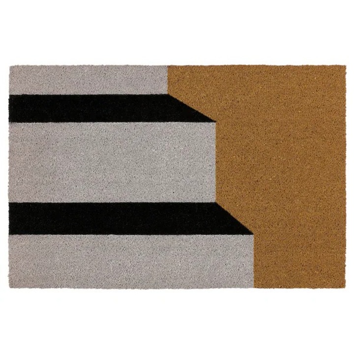 Bejárati szőnyeg, 40x60 cm, lépcsőmintás, kókuszrostból és jutából, könnyen porszívózható, csúszásmentes, fekete/natúr