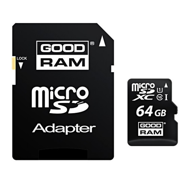 Карта памет, MicroSD 64GB GOODRAM + SD Class 10 адаптер, черен