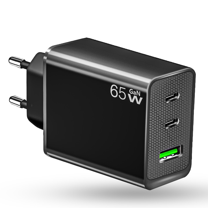 Мрежово зарядно устройство Timebox, 3 порта, 65 W бързо зареждане, 2 x Type-C, 1 x USB, съвместим лаптоп, Macbook, iPhone, Samsung Galaxy/Tab, Xiaomi, Huawei, черен