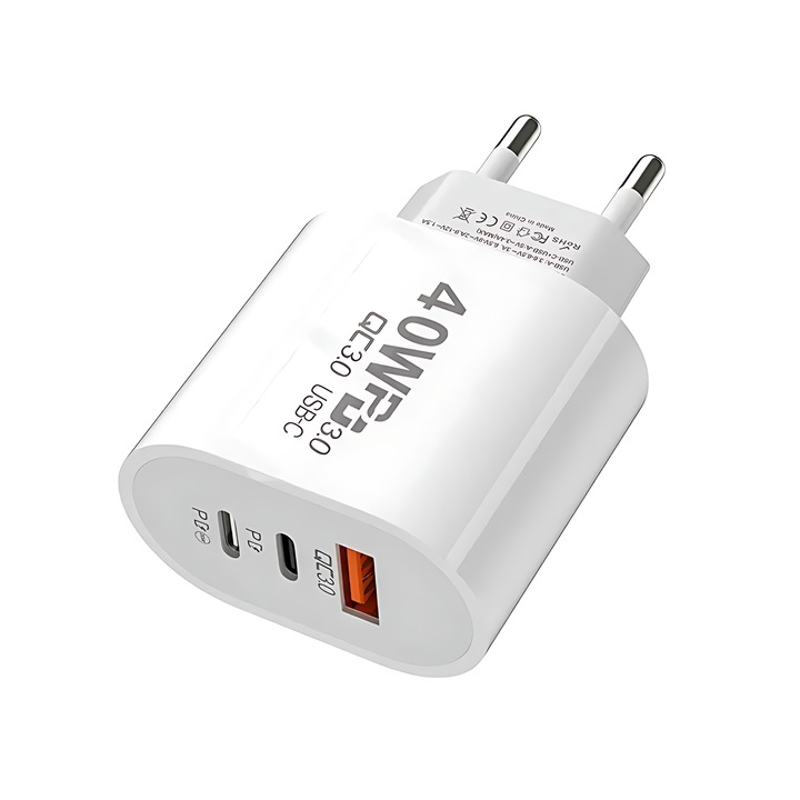 Incarcator Universal Quick Charge 3.0, 40W, Performanta de Incarcare Rapida, Materiale Ignifuge, Protectie Contra Supracurentului si Supraincalzirii, Portabilitate si Compatibilitate Larga, Alb