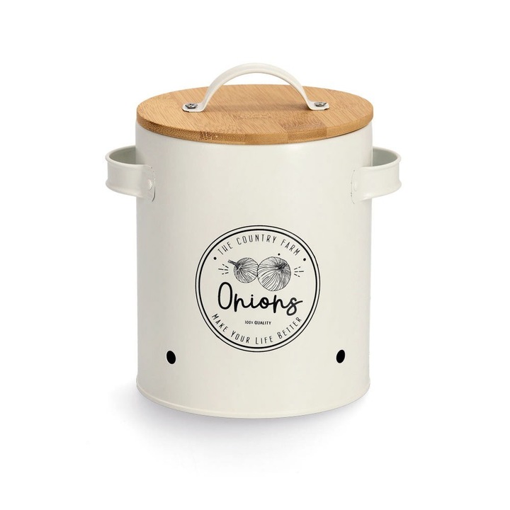 Recipient depozitare ceapa Zeller, metal/bambus, 14.5x19 cm, alb