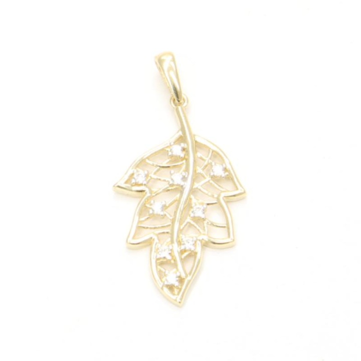 Pandantiv dama, MG, aur galben 585/000, design frunza, zirconii, 1.25 g