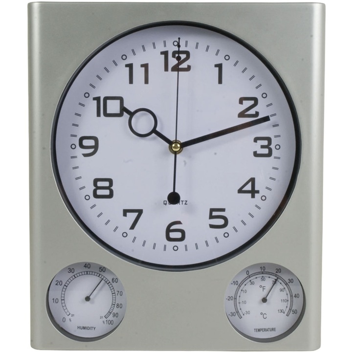 Стенен часовник Blent, Пластмаса, Хигрометър, Термометър, Сребрист, 32 X 27 см