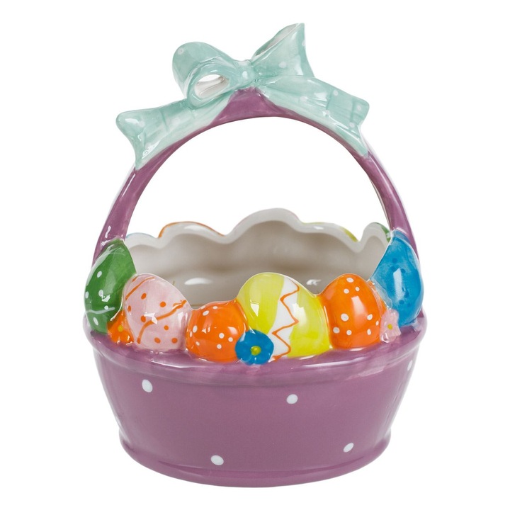 Cos pentru oua de Paste Shopiens®, din ceramica de culoare lila cu model oua multicolore, 18 x 14 cm