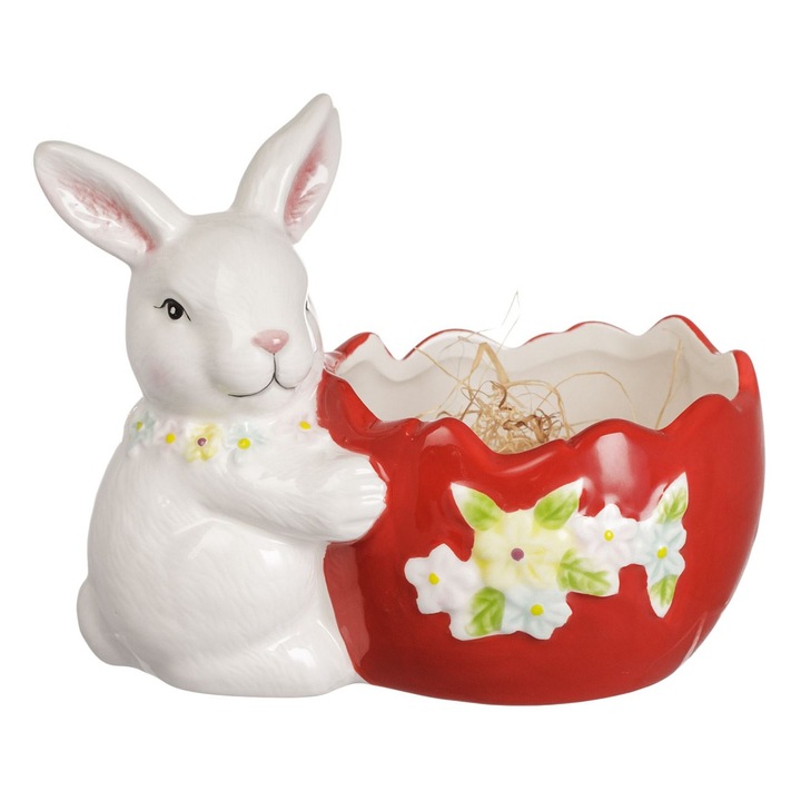 Suport ceramic pentru oua de Paste, cu model iepure alb cu flori colorate, 17 x 11 x 13.5 cm