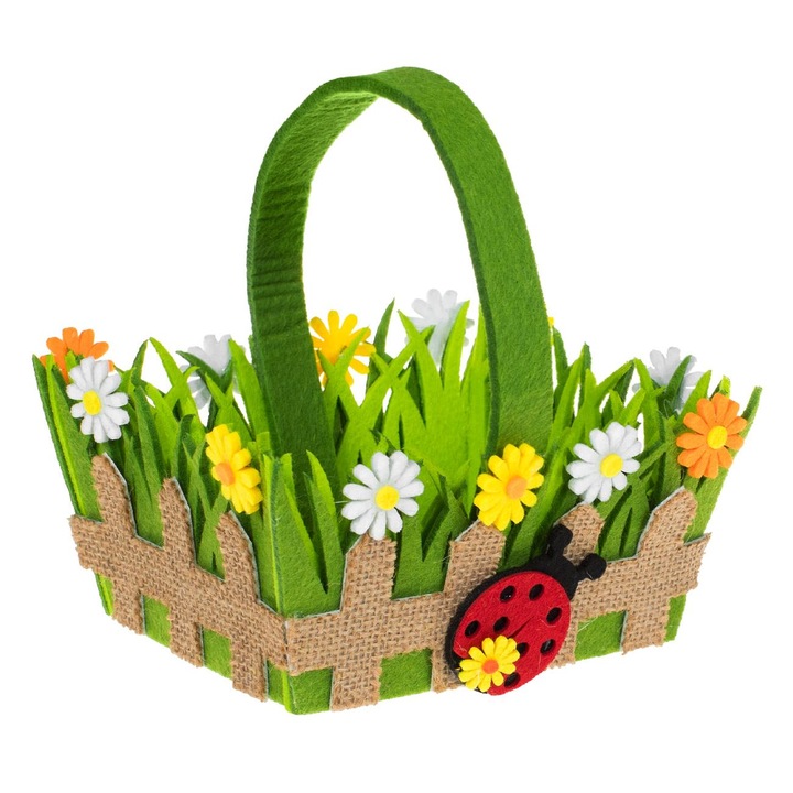 Декоративна великденска кошница Shopiens® от филц, с дръжка, червено-зелена шарка на ограда с цветя и калинка, 18 x 8 cm