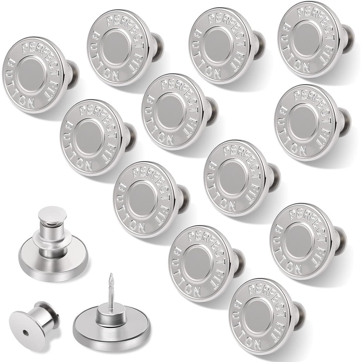 Set 12 Butoane Detasabile Supertina, Metal, 17mm, pentru Jeans si Imbracaminte, Argintiu