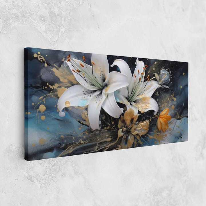 Tablou Canvas, 40x80 cm, Dormitor si Living, Flori, Crini, Lily On Blue Painting