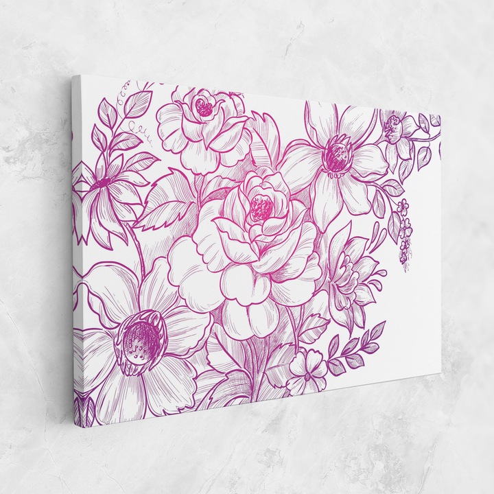 Tablou Canvas, 50x70 cm, Dormitor Si Living, Flori, Flori Desenate, Pink Purple Line Rose
