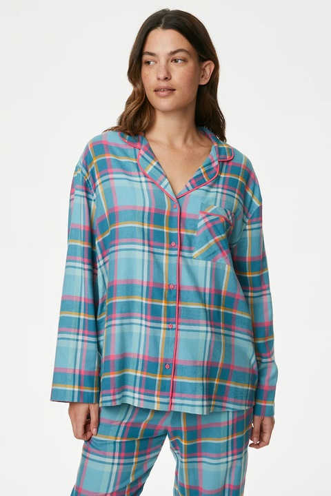 Marks & Spencer, Bluza de pijama cu maneci lungi si model in carouri, Albastru pastel/Roz