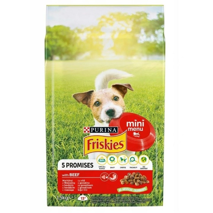 Hrana pentru caini Purina Friskies Mini Menu Adult, Vita, Fara Lactoza, 1,5Kg