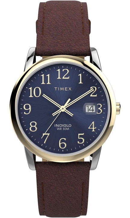 Ceas Timex Easy Reader TW2W54500, Quartz, Indiglo, curea piele maro, cadran albastru, 3 ATM