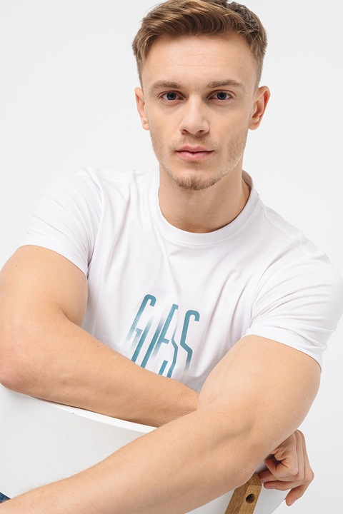 Guess, Tricou cu logo, Albastru prafuit/Alb optic