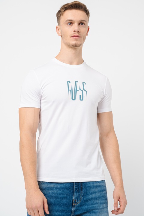 Guess, Тениска с лого, Прашно синьо/Бял