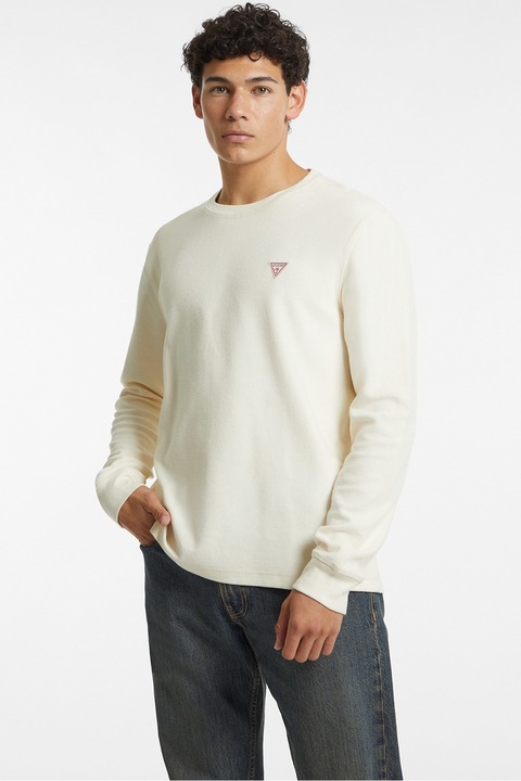 Guess Jeans, Bluza cu decolteu la baza gatului si aplicatie logo, Alb