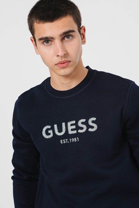 GUESS, Bluza de trening cu logo brodat, Argintiu/Bleumarin