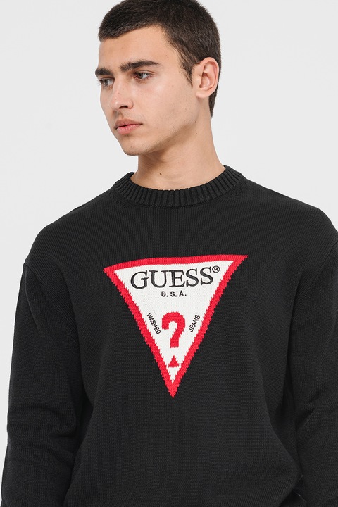GUESS JEANS, Pulover cu imprimeu logo, Alb/Negru