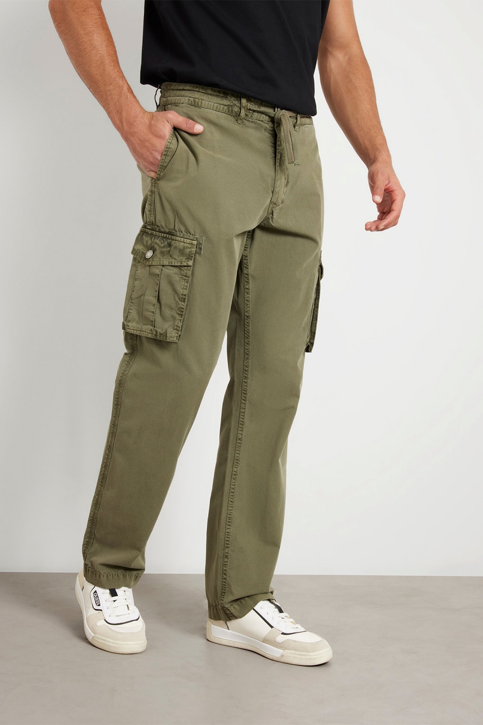 GUESS, Pantaloni cargo cu snur, Kaki, W34-L32