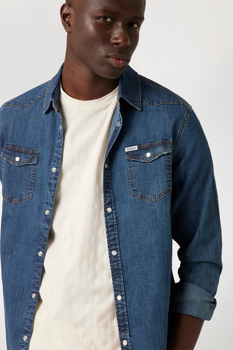 Guess, Camasa din denim cu buzunare aplicate, Albastru inchis