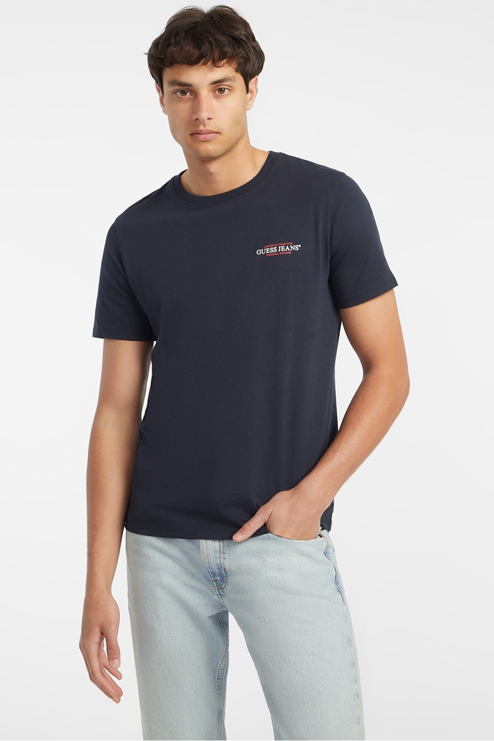 GUESS JEANS, Tricou slim fit cu decolteu la baza gatului, Negru stins, M