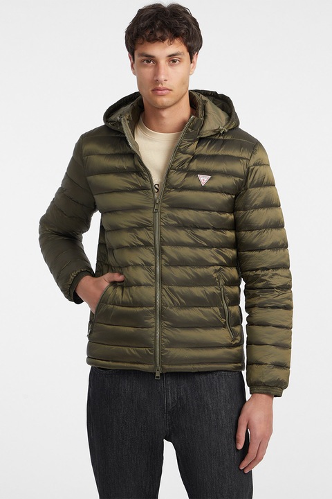 GUESS JEANS, Geaca matlasata cu vatelina si gluga, Kaki