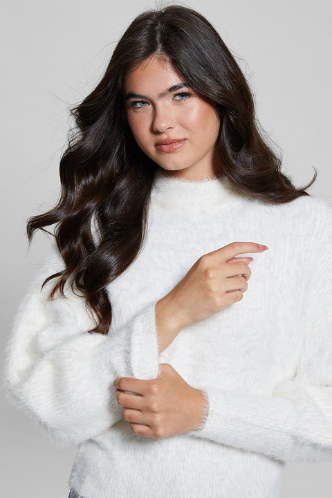 Guess, Pulover cu decolteu la baza gatului si terminatii striate, Alb
