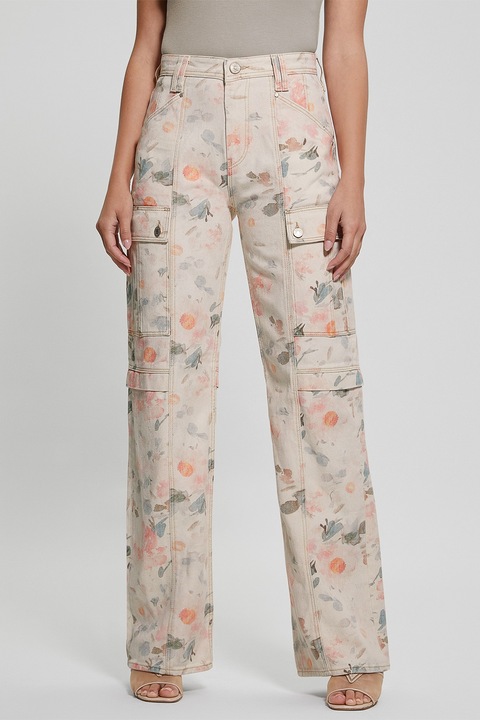 GUESS, Blugi drepti cu imprimeu floral, Piersica/Albastru deschis/Crem