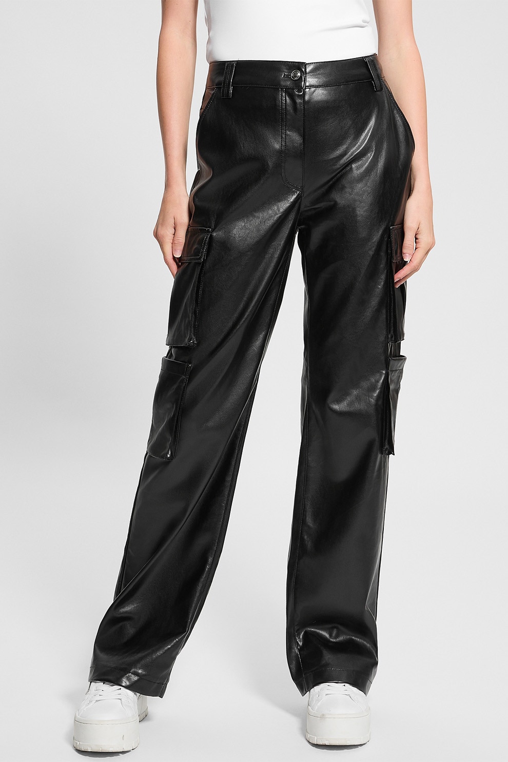 GUESS, Pantaloni drepti de piele ecologica, Negru, M