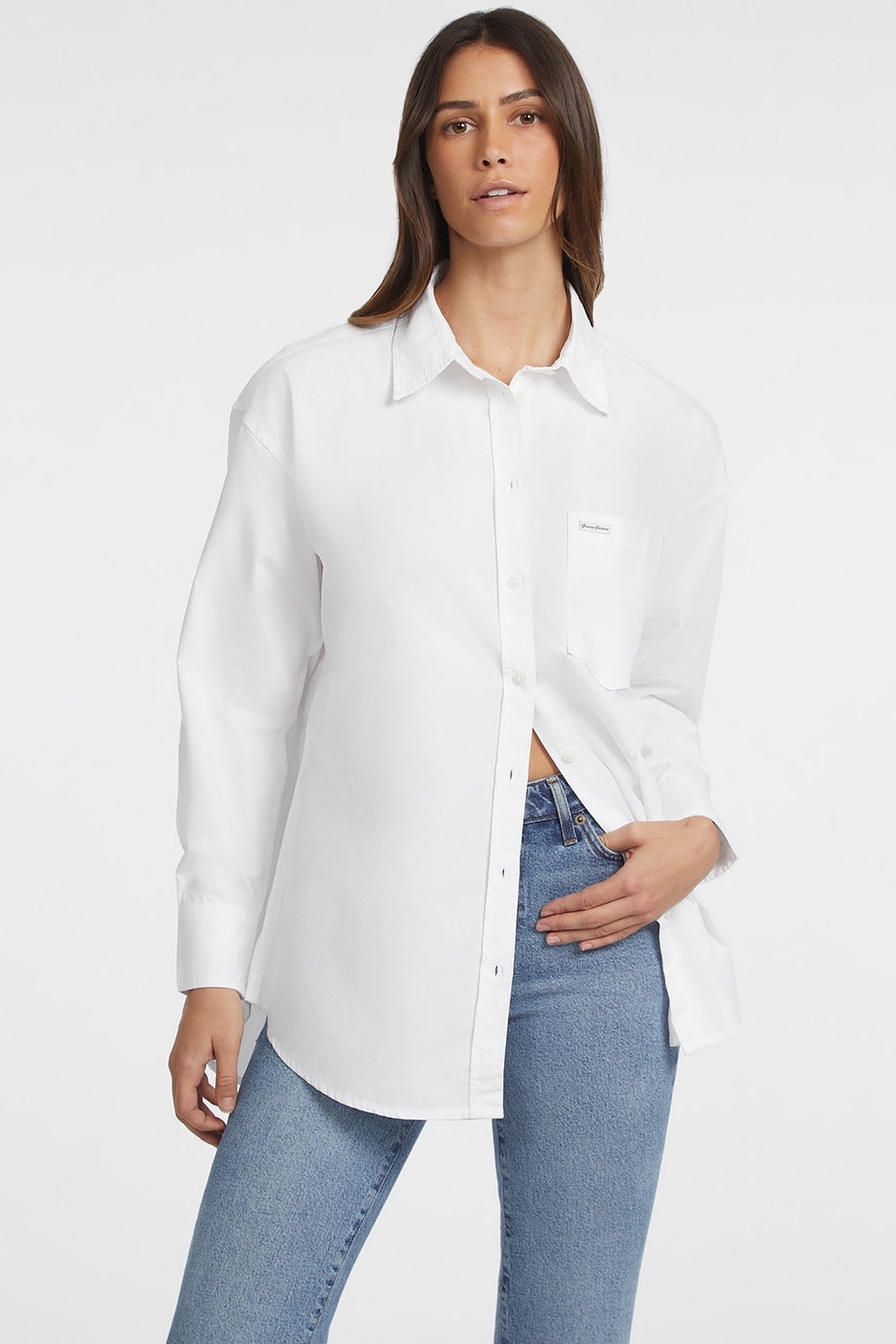 GUESS JEANS, Camasa de bumbac cu buzunar aplicat si model uni, Alb optic, M