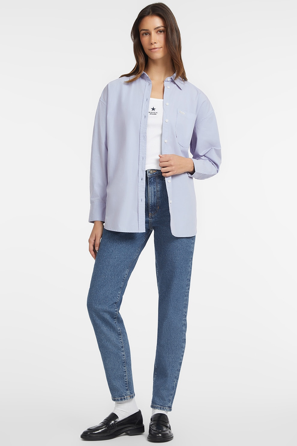 GUESS JEANS, Camasa de bumbac cu buzunar aplicat si model uni, Albastru azur, S