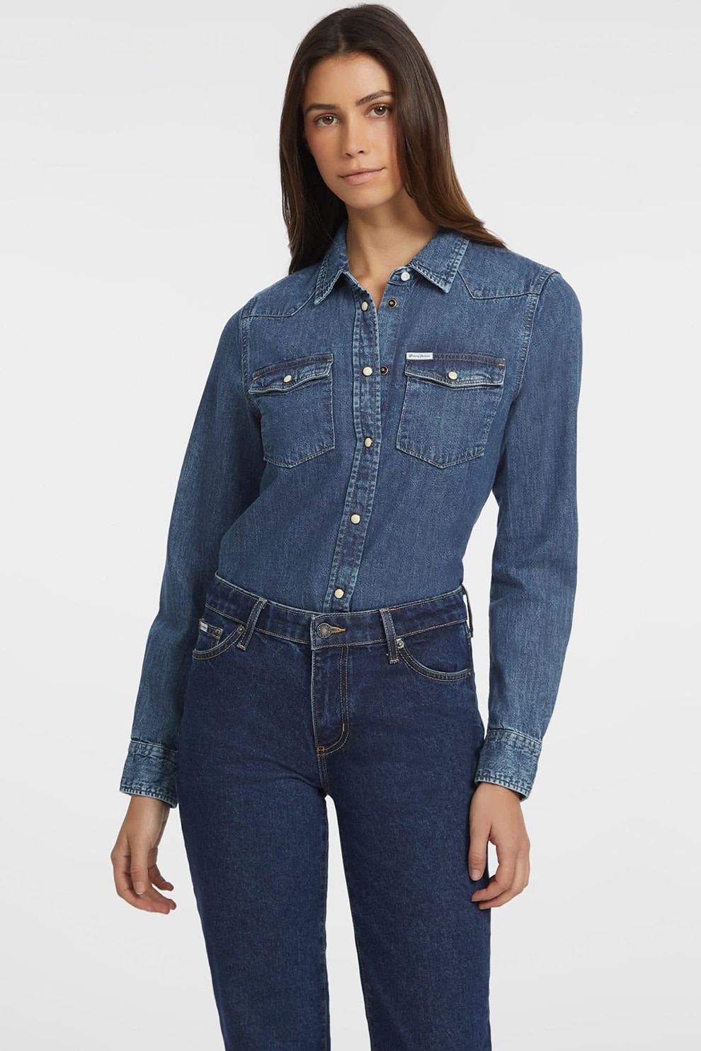 GUESS JEANS, Camasa din denim cu buzunare pe piept, Albastru inchis, S