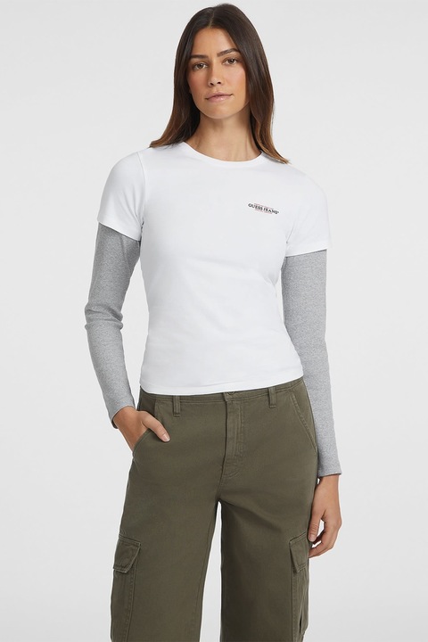 GUESS JEANS, Tricou slim fit cu decolteu la baza gatului, Alb