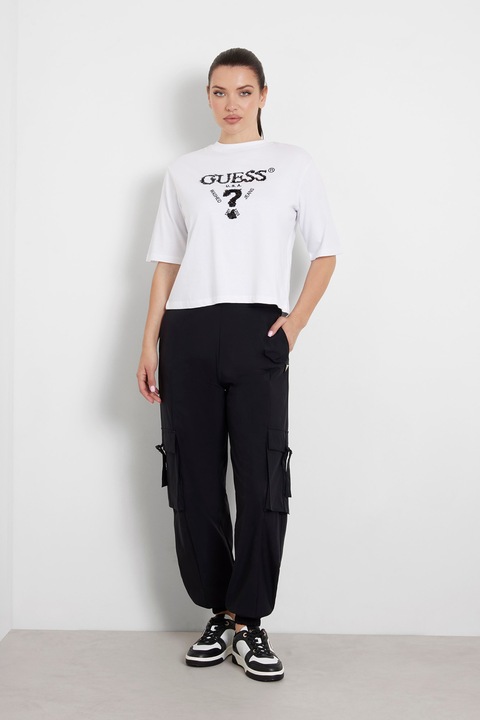 GUESS, Tricou din bumbac cu paiete pentru antrenament, Alb/Negru