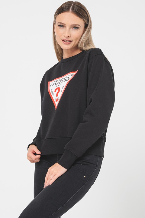 GUESS, Bluza de trening cu logo, Negru, Rosu stins, Alb optic, S