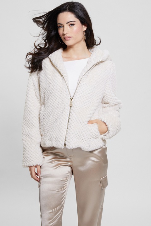 GUESS, Jacheta din blana sintetica cu gluga, Alb, L