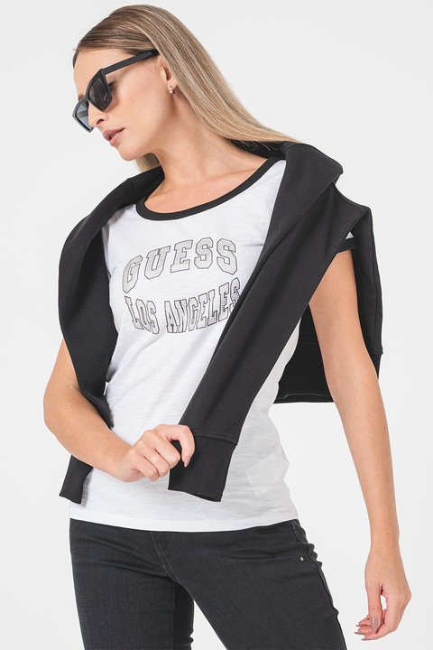 Guess, Tricou cu logo, Negru/Gri deschis/Alb optic